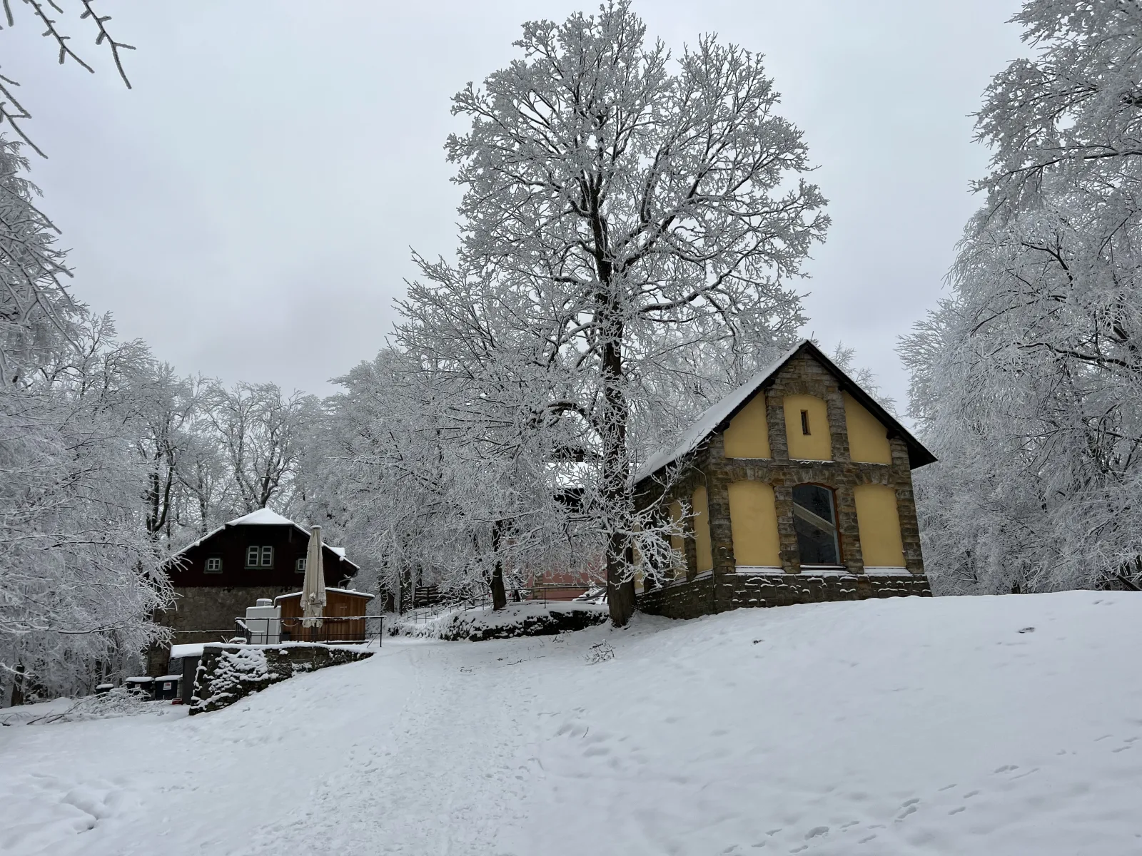 Winterberg landscape covered in snow under a cloudy sky, with typical winter weather.