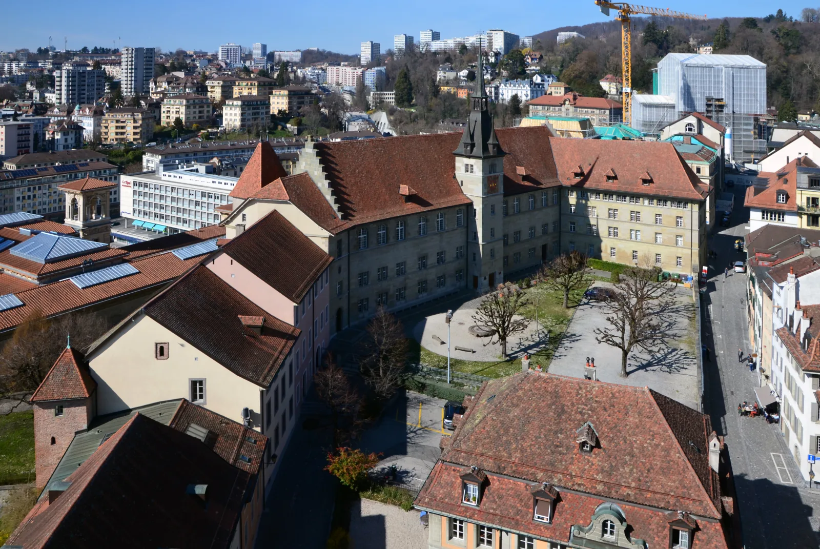 View of Lausanne’s historic center, with the cathedral and cobblestone streets for walking