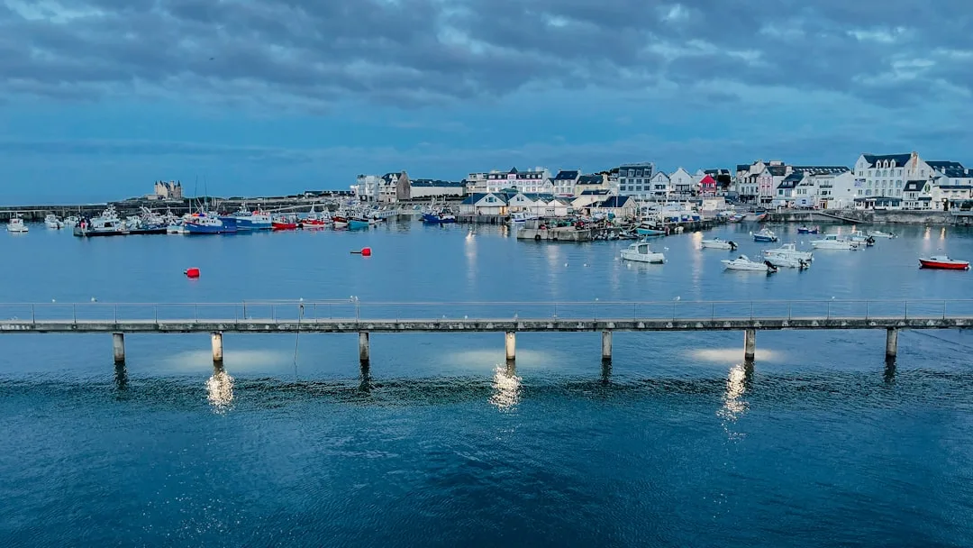 Vista costera de Belle-Île-en-Mer con acantilados, mar azul y puerto al fondo