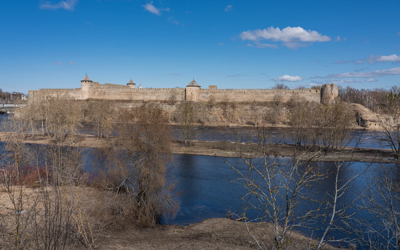 View of the Narva River with the Ivangorod fortress in the background, on the border between Estonia and Russia