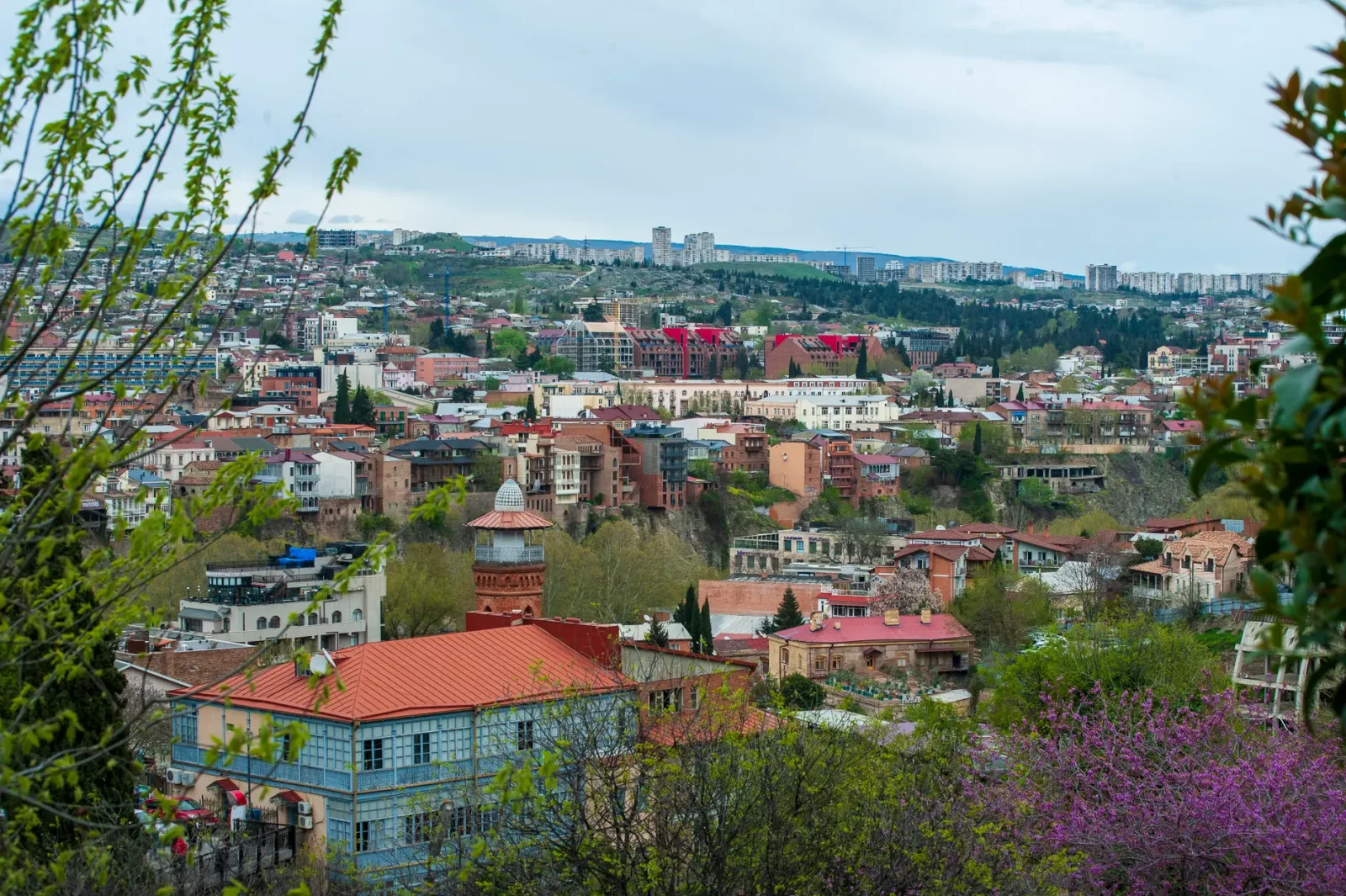 Calle de Tiflis con edificios antiguos, patios arbolados y ambiente urbano cotidiano