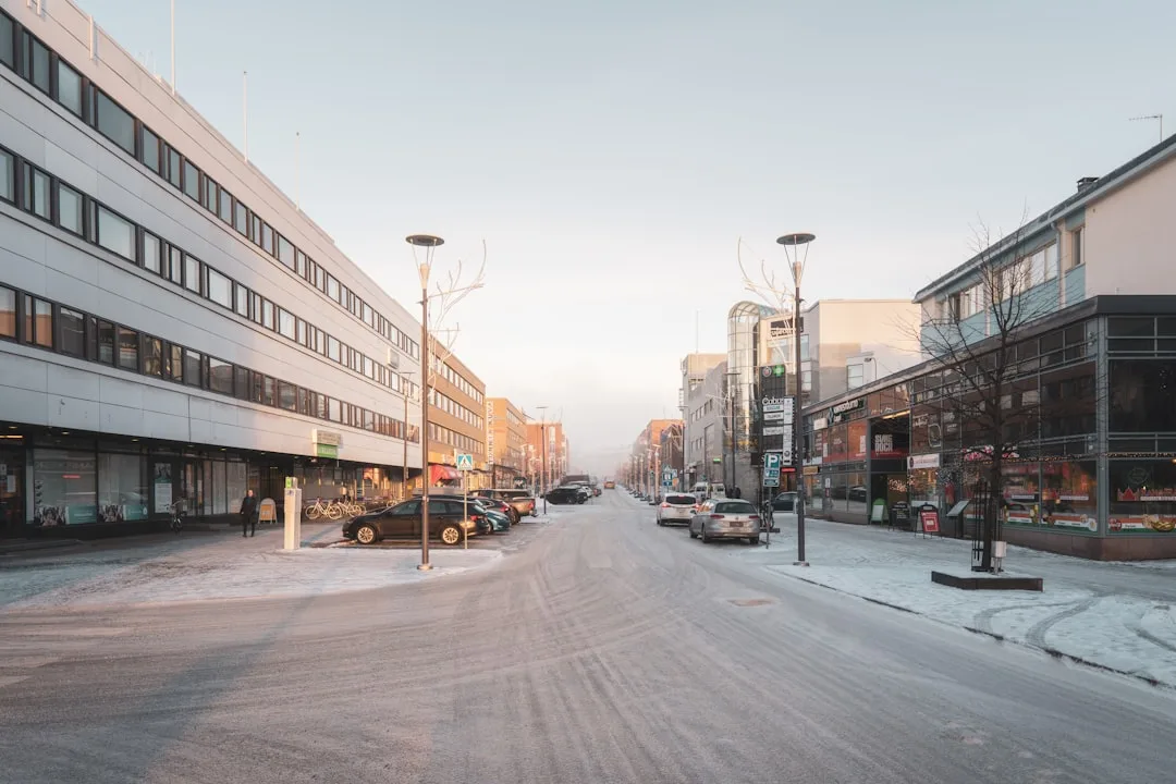 Winter landscape in Rovaniemi with snow, frozen trees and soft light at sunset