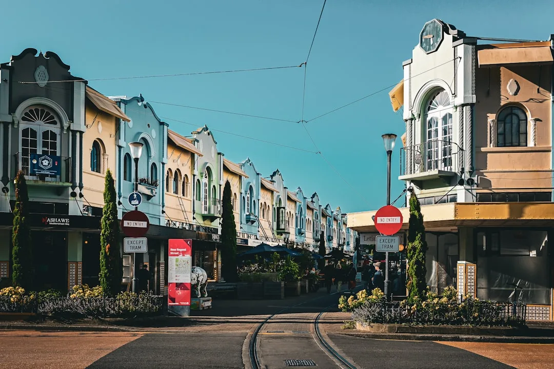 Christchurch central street with hotels and modern buildings in the background