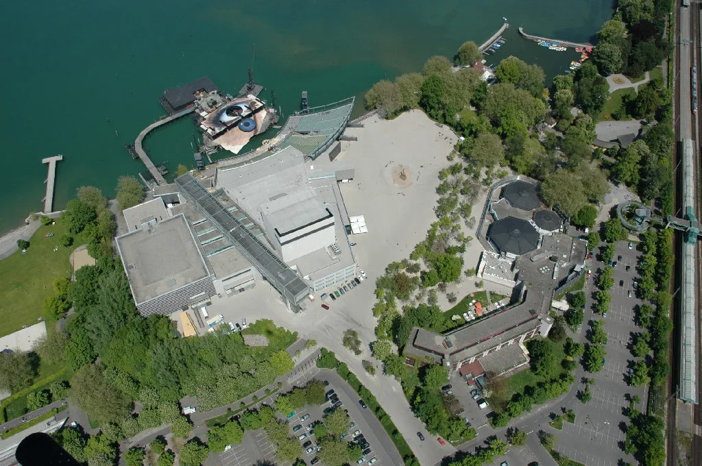 Floating stage of the Bregenz Festival on Lake Constance, with the Festspielhaus in the background.