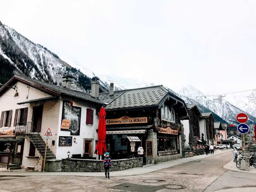 Vista de Chamonix com montanhas alpinas ao fundo e casas no vale