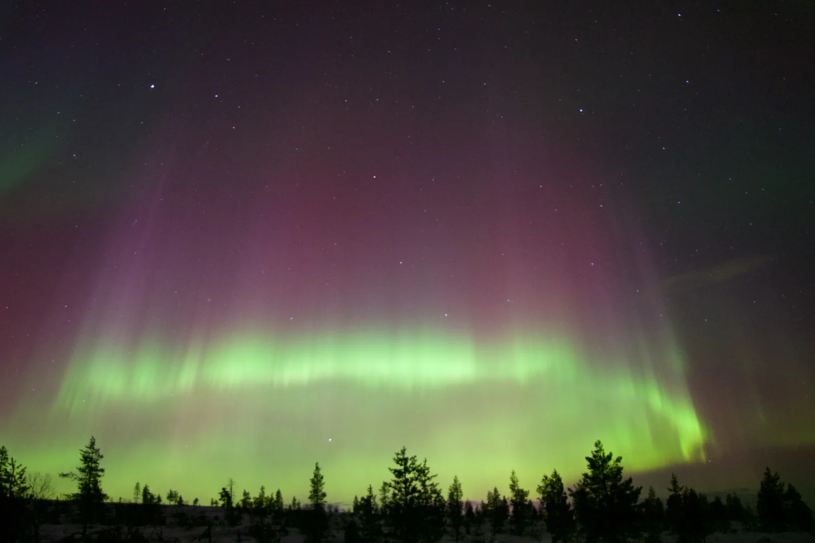 Paisaje nevado en Saariselkä bajo un cielo oscuro, ideal para auroras y actividades de invierno