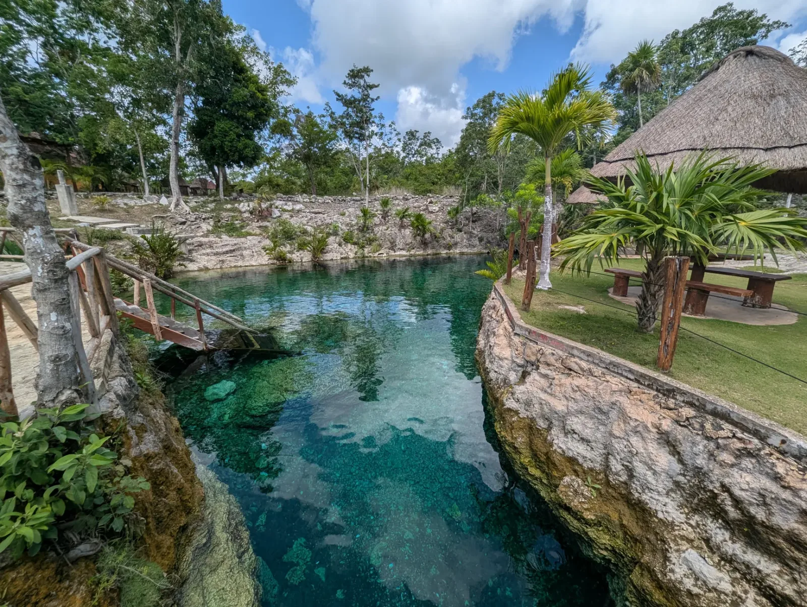 Cenote de aguas turquesa en Tulum, rodeado de rocas y vegetación tropical.