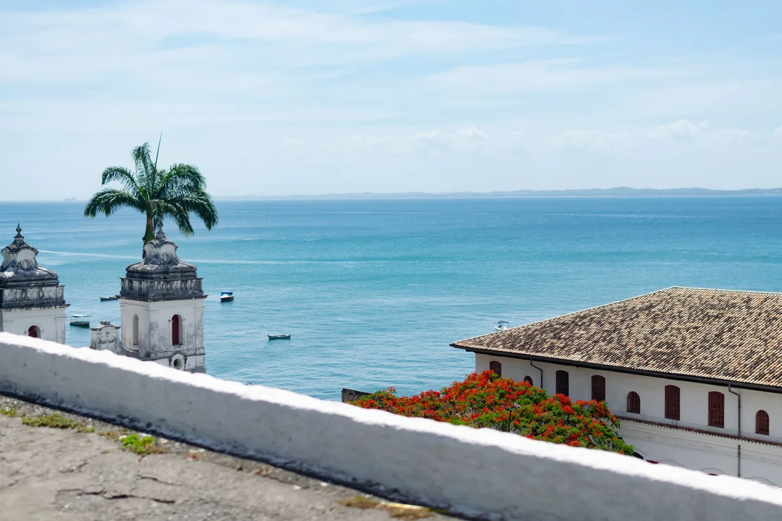 Paradisiacal beach with blue sea and a stretch of sand surrounded by coconut trees.