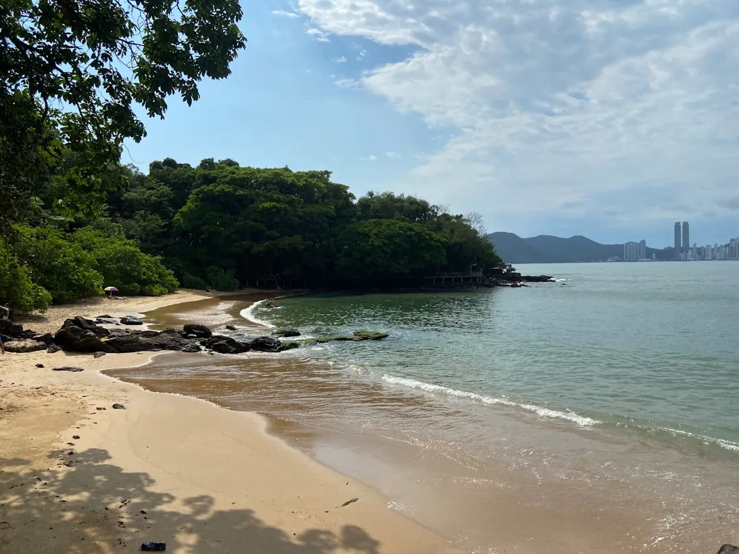 Orla de Balneário Camboriú com prédios altos, praia e avenida movimentada ao fundo