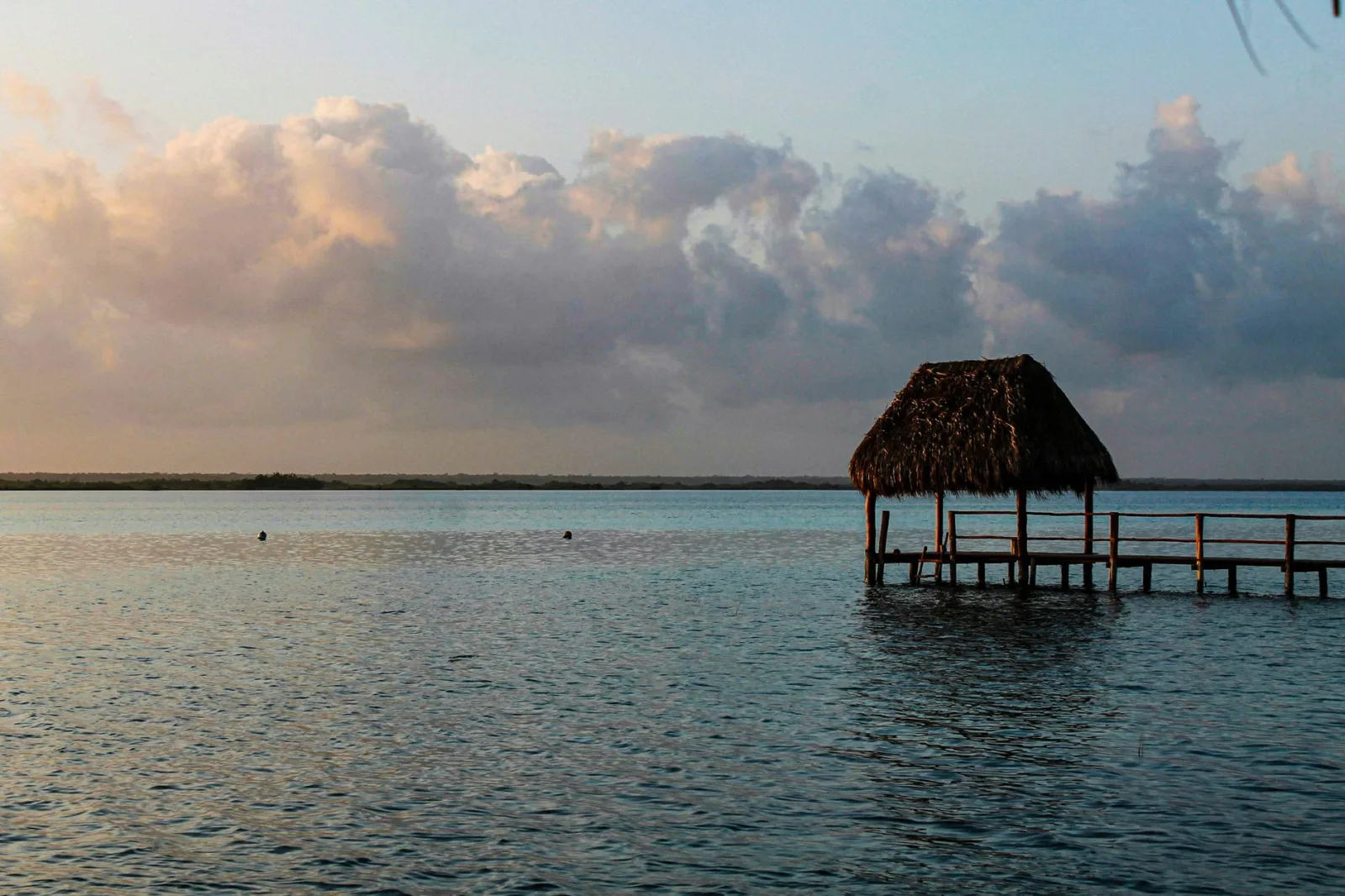Vista de la laguna de Bacalar con agua azul turquesa y palmeras en la orilla