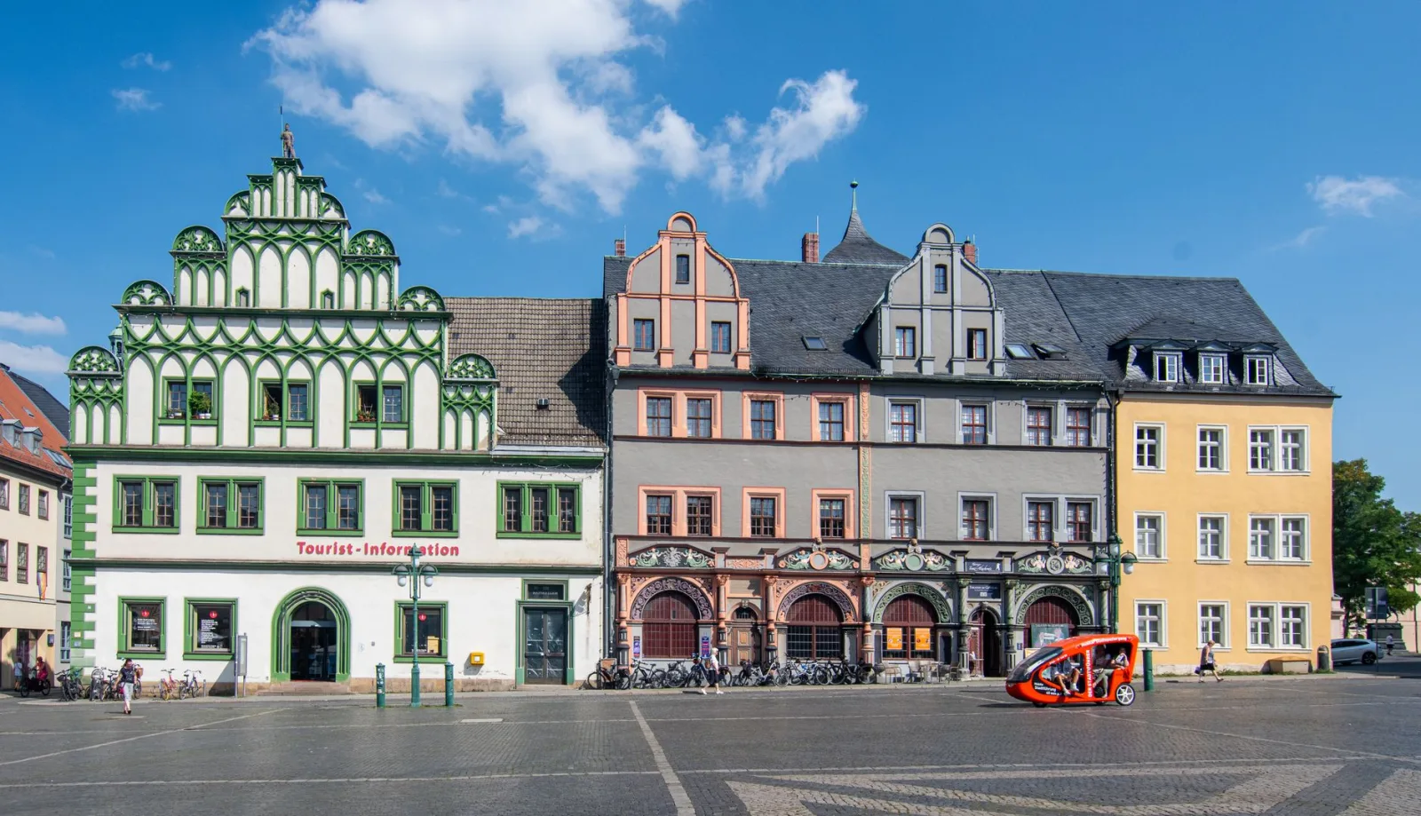 Historic square of Weimar with the Goethe-Schiller Monument and classical facades around it
