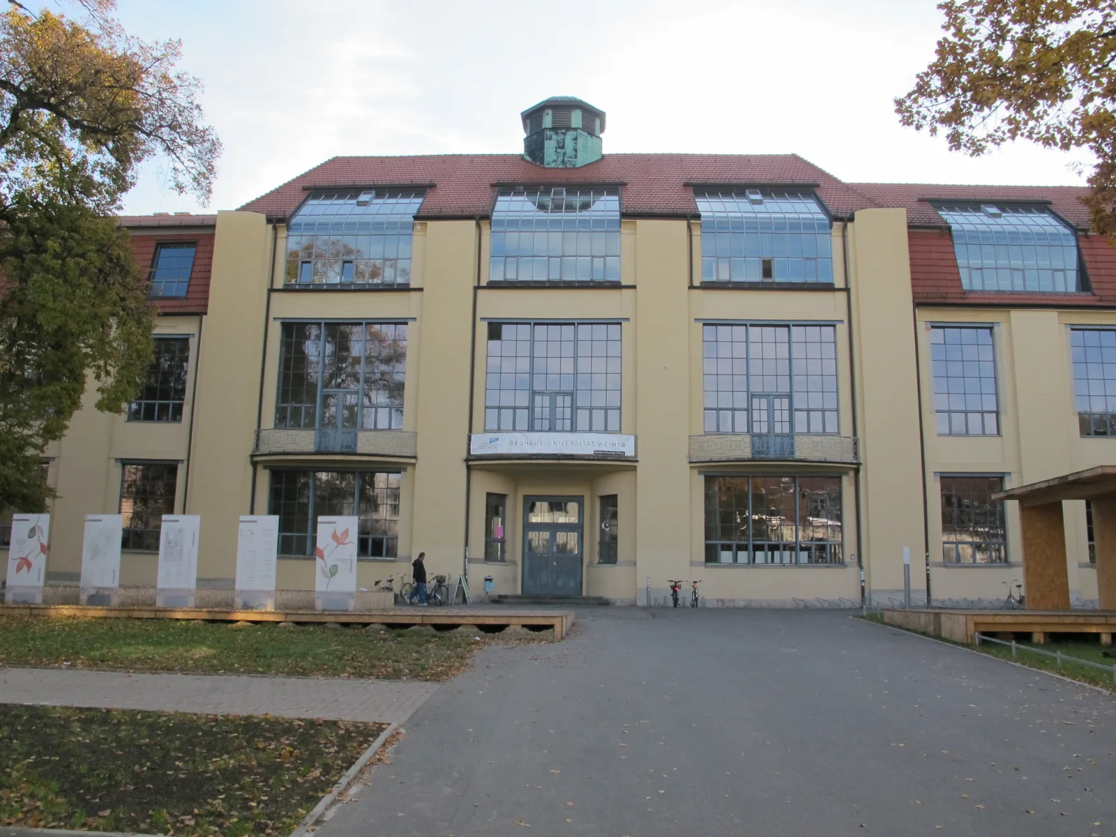 Bauhaus modernist building in Weimar, with simple lines and a white facade.